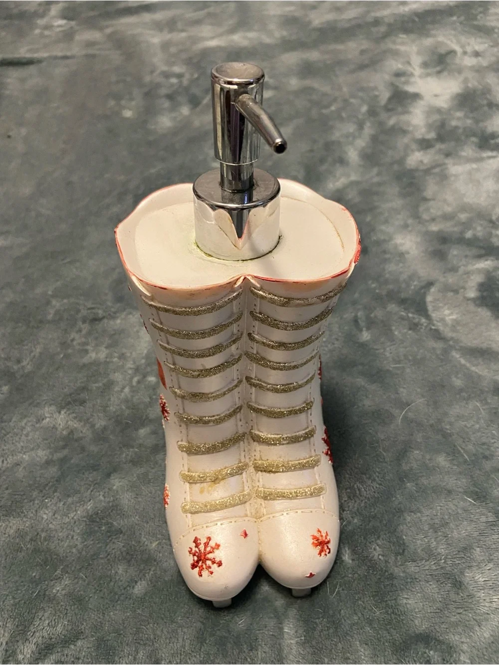 Holiday White Boot Soap Dispenser with Red Snowflake Accents